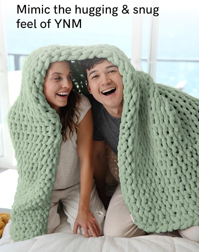 YnM Chunky Throw Blanket, Medium-Weight, Hand Knitted with Chenille Yarn, Skin Friendly, Ventilated and Breathable, Machine Washable, Home Décor Piece for Couch, Sofa and Bed (Sage Green, 80x87 Inch)