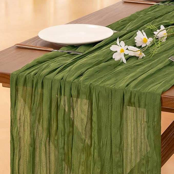Socomi 2pcs Campsite Green Easter Spring Cheesecloth Table Runner Boho Rustic Gauze 120 inch 10FT Cheese Cloth Runner for Wedding Party Baby Shower Birthday Home Decor Holiday Decorations