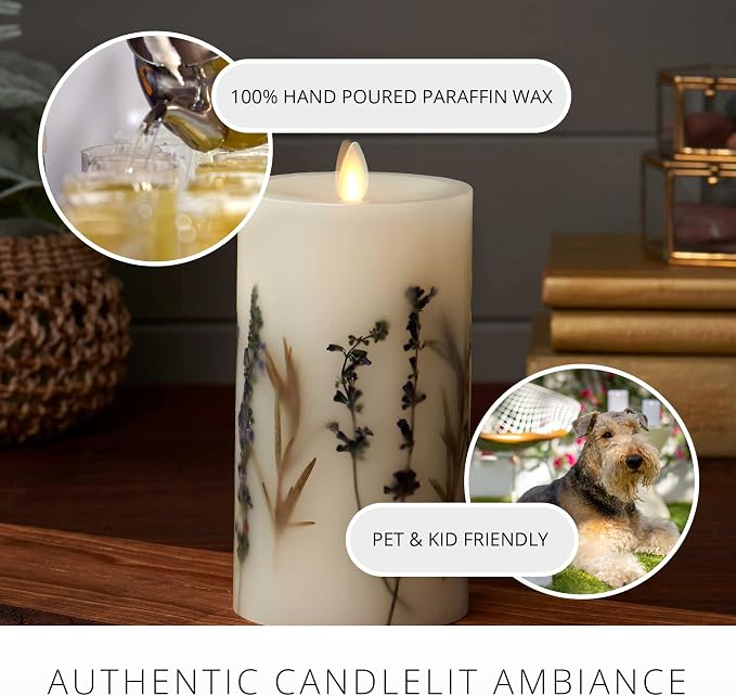 Luminara Realistic Artificial Moving Flame Pillar Candle with Lavender & Rosemary Inclusion - Moving Flame LED Battery Operated Lights - Remote Ready - Remote Sold Separately - 3.25" x 6.5"