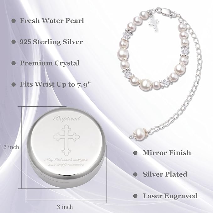 Tryuunion Baptism Bracelet in Sterling Silver and Cultured Pearls for Baby Girls, with Silver-plated Jewelry Keepsake Box, Great Catholic Christening and Baptism Gifts for Girl