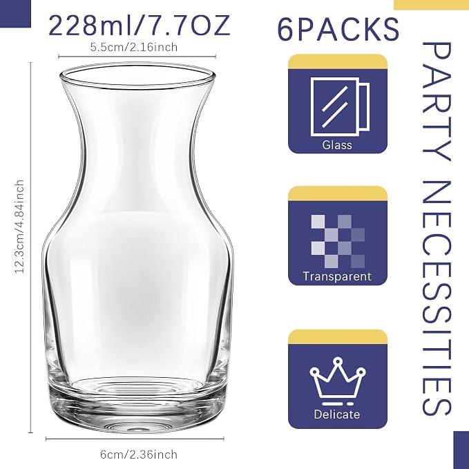 Remagr 6 Pack Single Serving Wine Carafe Glass Small Mini Carafe Individual Wine Refill Decanter for Dinner Parties Tastings Bars Restaurants (7.7 oz)