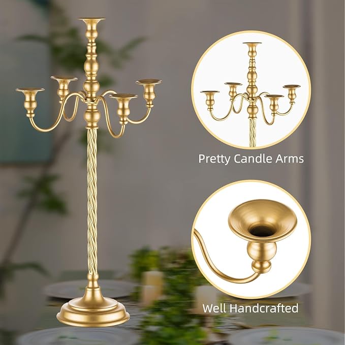Romadedi Gold 5-Arm Candelabra for Taper Candles, 28 in, Pack of 2 | Metal Candlestick Holders with Curved Branches for Wedding Centerpiece, Reception, Dining Table, and Christmas Decor.