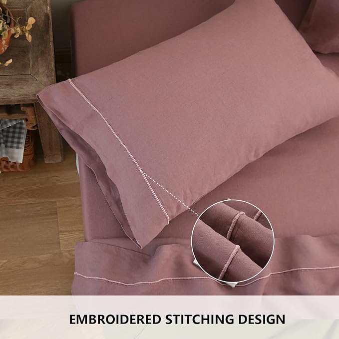 Simple&Opulence 100% French Linen Pillowcase King Size-Set of 2- Washed Solid Color Pillow Cases Embroidered -Soft and Durable (Purple, 20''x40'')