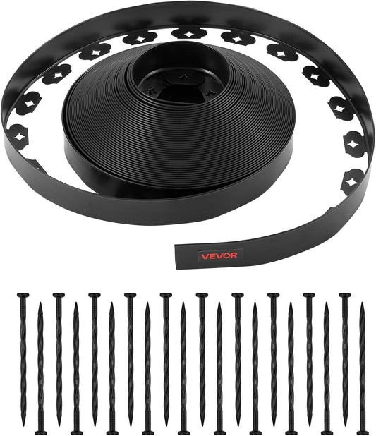 VEVOR Landscape Edging, 100 ft x 1.5 in Plastic Garden Border Edging with 120 Spikes, No Dig, Flexible Lawn Edgings Roll, UV-Resistant Mini Fence Borders Pathway Edgings for Flower Beds Yard Paver