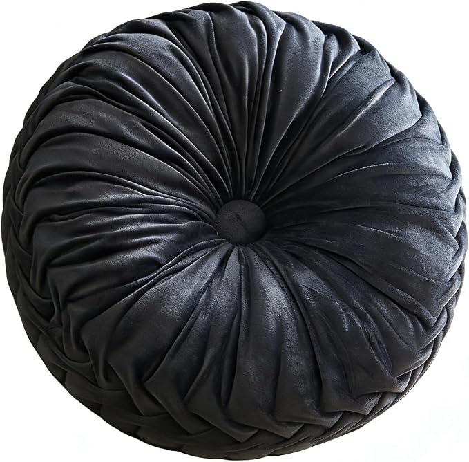 Greenjin 15" Round Pillow for Couch, Circle Velvet Pleated Throw Pillow,Decorative Round Floor Cushion,Pumpkin Chair Cushion for Bed Chair Car Sofa Home Decor Dark Grey