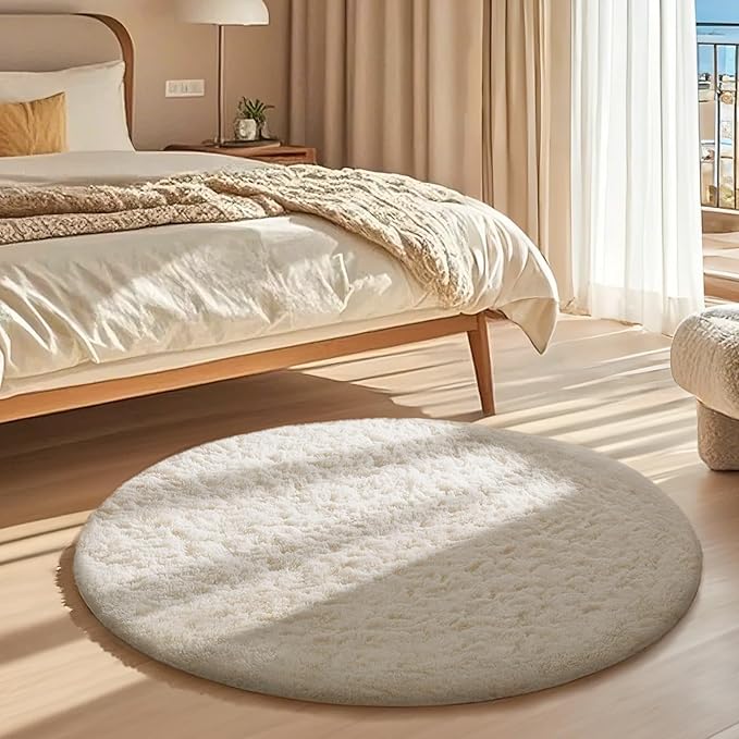 Ophanie Round Rug 3Ft Ivory Circle Area Rugs, Fluffy Fuzzy Small Bedroom Carpet 3 Foot, Plush Shag Floor Cream Living Room Circular Aesthetic Decor for Kids Teen Boys Baby Girls, Nursery,Classroom