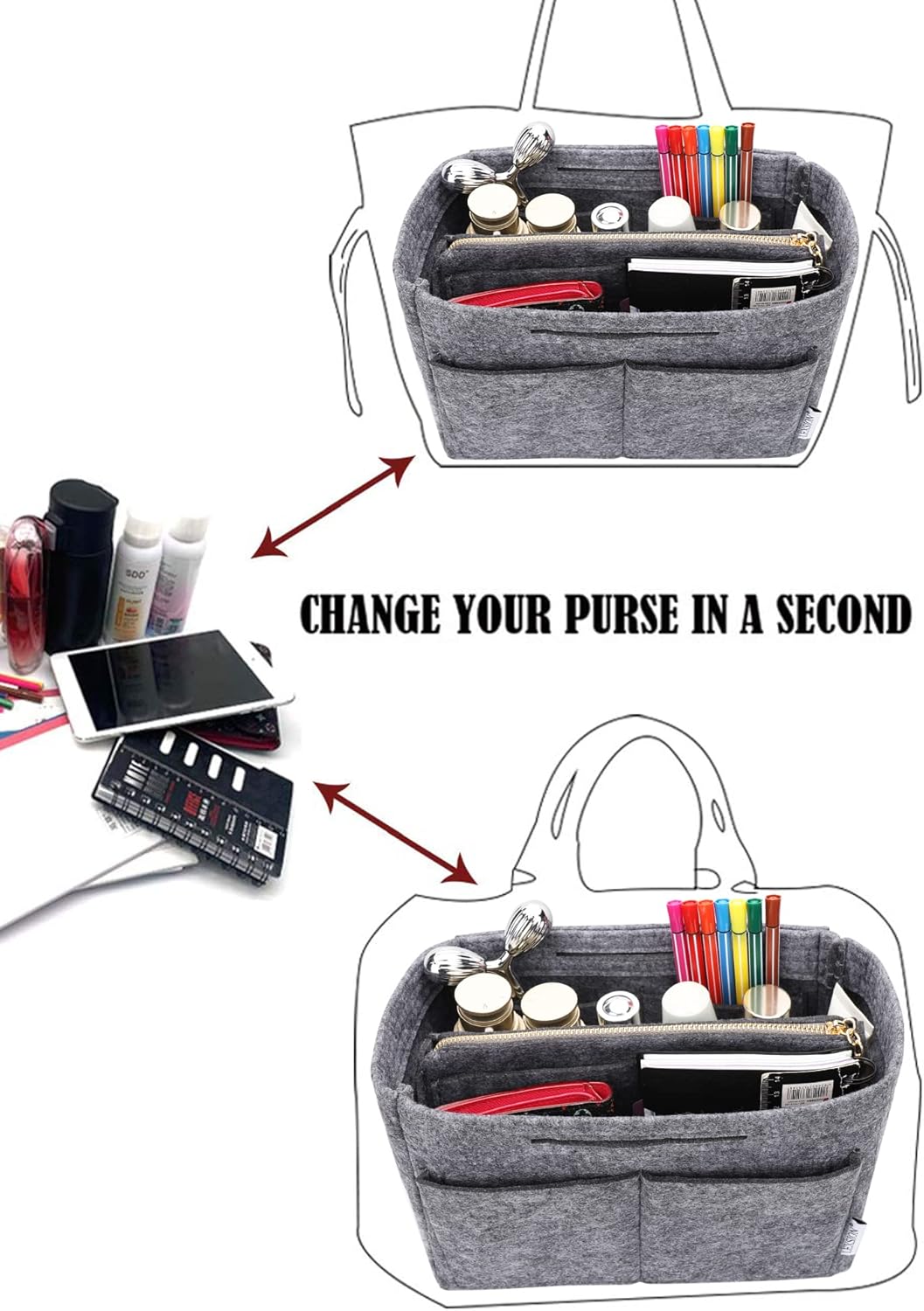 LEXSION Felt Purse Bag Organizer Insert with zipper Bag Tote Shaper Fit Speedy Neverful PM MM