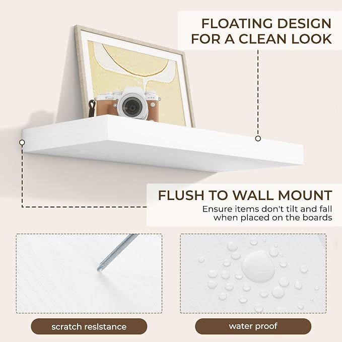RICHFOCUS 24Inch Floating Shelves for Wall 2 Pack Shelves for Bedroom|Kitchen|Bathroom Wall Mounted Rustic Wood Floating Shelf with Invisible Brackets for Books|Storage|Decor, White