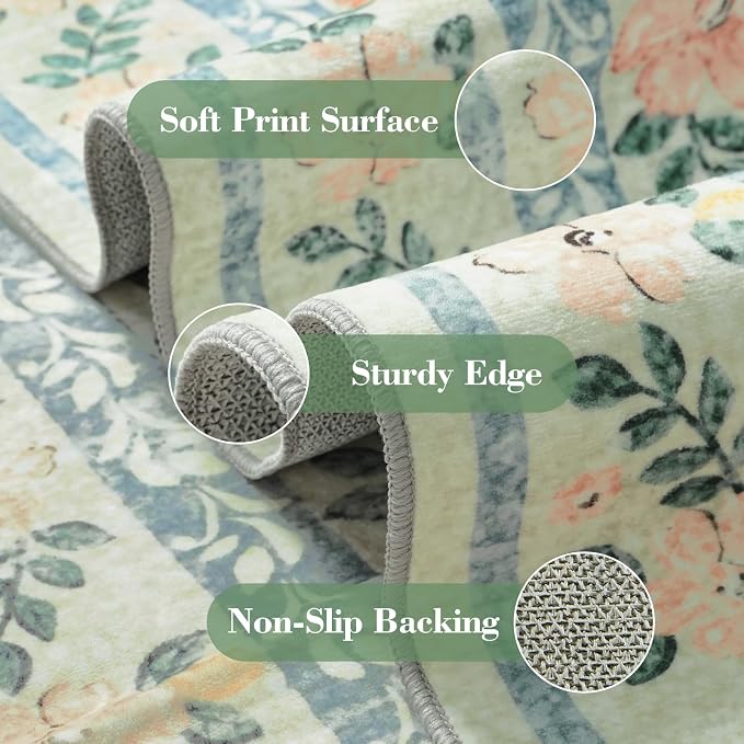 Wonnitar Washable Floral Round Rug, 6ft Sage Green Round Area Rugs for Bedroom Nursery, Boho Non-Slip Indoor Large Circle Carpets for Dining Room Living Room Kids Playroom