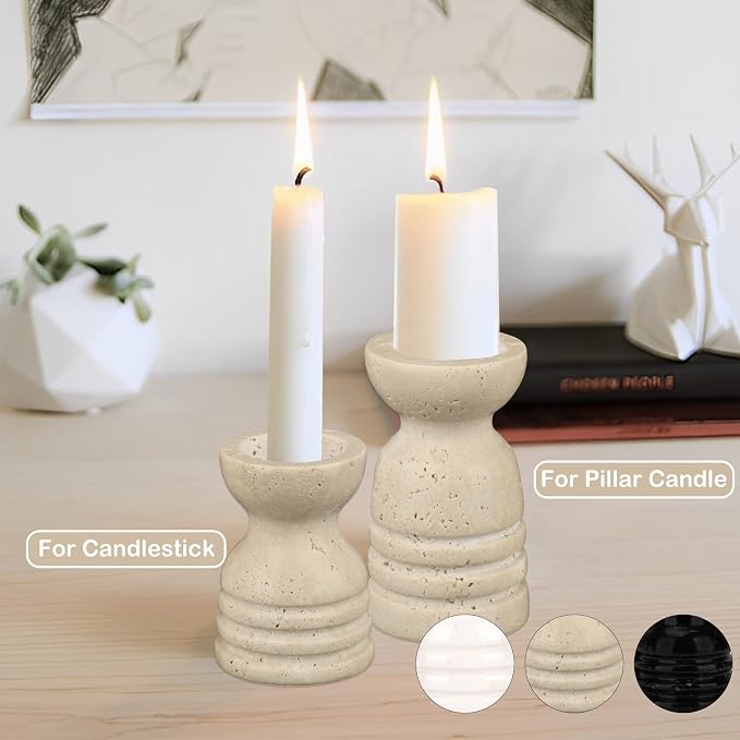 Candle Holders Italy True Natural Travertine Stone Set of 2 Premium Marble Candlestick Holder for Wedding Dinning Party Candle Stand for Dia 3/4" Taper Pillar Candles Color Beige (CH6065YL)