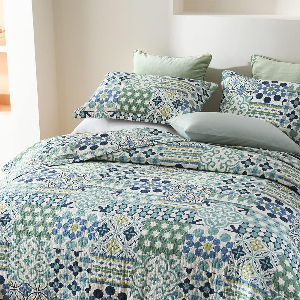 Cotton Bedspread Quilt Sets Reversible Coverlet Sets Comforters Vintage Bohemian Patchwork Bedspread (Green, King Size)