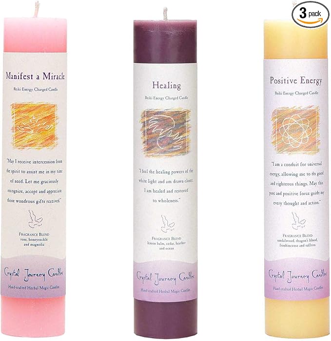 Crystal Journey Reiki Charged Herbal Magic Pillar Candle - Manifestation Bundle (Manifest a Miracle, Healing, Positive Energy) (1)
