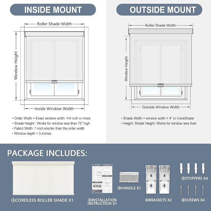 AOSKY Light Filtering Roller Shades Cordless Blinds for Windows, 1% Openness Free-Stop Shades with Valance, Thermal Insulated Fabric, UV Protection, Natural Woven Blinds（47" W x 72" H, Ivory）