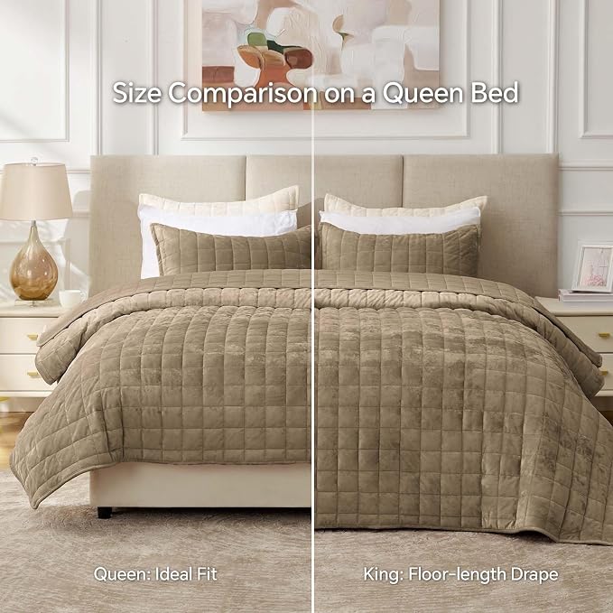 BEDELITE Velvet Quilt Set King Size - Luxury Soft Velvet Comforter Bedding Set for All Season, Lightweight Quilted Box Stitch Oversized Bedspread Coverlet with 2 Matching Shams, Tan