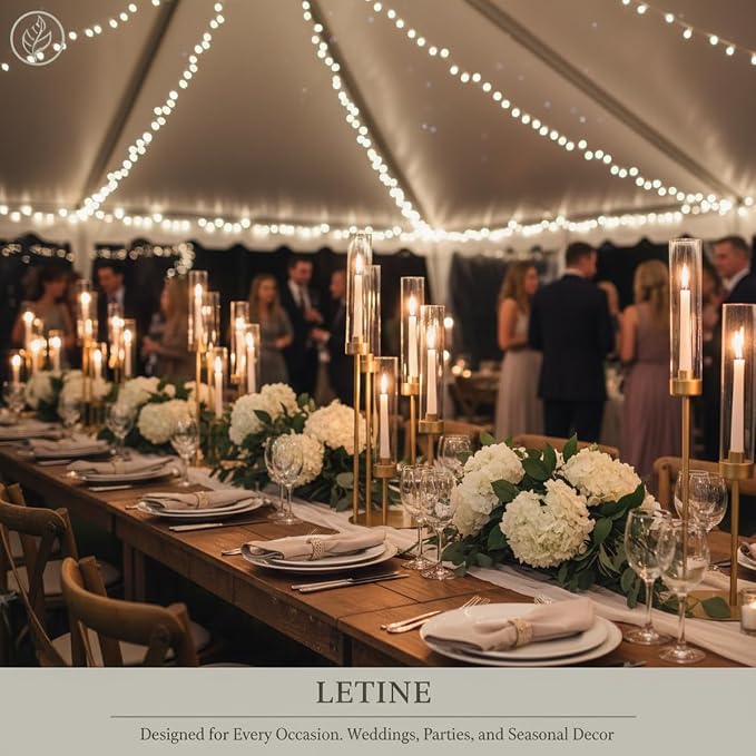 LETINE 6-Arm Gold Candelabra, 23.96" Tall Candelabra Centerpieces for Tables with Glass Lampshade & Heavy Base, Vintage Gold Taper Candle Holder for Indoor Outdoor Wedding Party Decor.