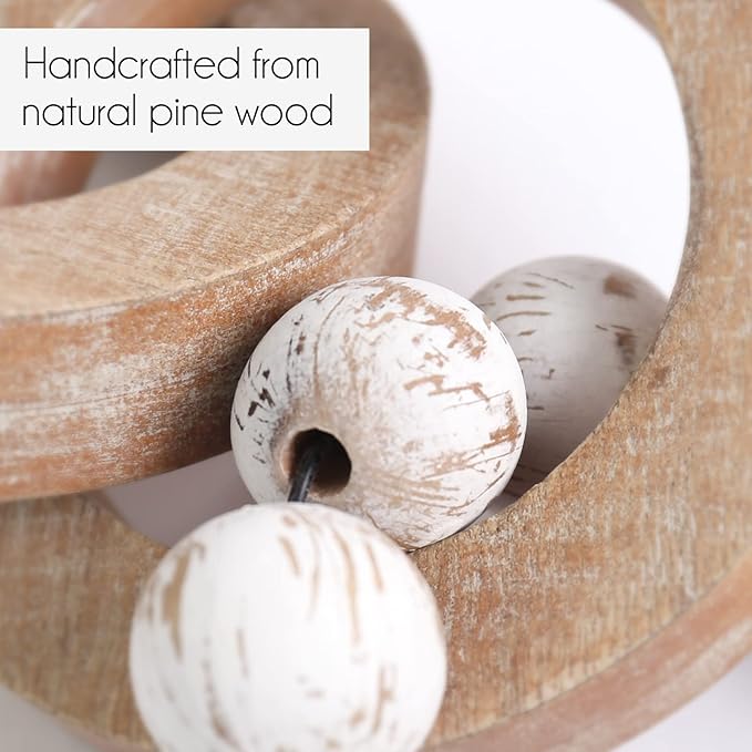 Oakrain Rustic Chain Link for Home Decor, Handmade Carved 3 Link Wood Knot & Wood Beads, Natural Boho Farmhouse Table Decor, Best Housewarming Gifts (2 Pcs, 8.7inch)