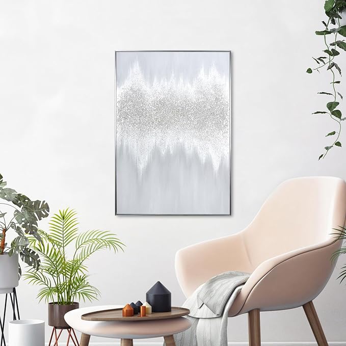 Silver Abstract Wall Art Decor - Grey Hand-Painting Embellished with Sand Grain and Glitter in Metallic Hues, Brilliant Modern Abstract Canvas for Living room, Bedroom Decor, 28" x 40", Framed