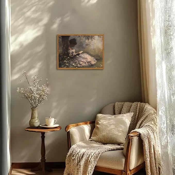 Framed Vintage Wall Art, Moody Black Girl Reading Book Pictures Wall Decor, Victorian Woman African American Paintings Canvas Prints Aesthetic Artwork for Home Living Room Bedroom 12x16 inch