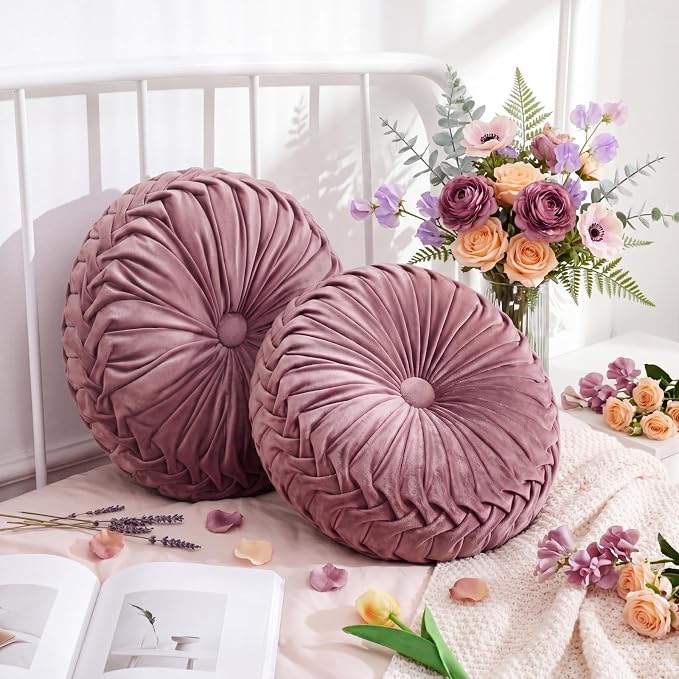 Drydiet 2 Pcs Round Throw Velvet Pillows Decorative Pleated Throw Pillows Diameter Accent Pumpkin Boho Chair Cushion for Couch Sofa Home Decoration (Dusty Rose,15'')