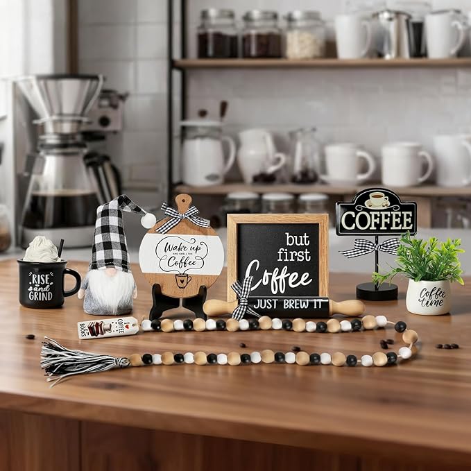 Coffee Tiered Tray Decor Set, 8 Pcs Farmhouse Rustic Tabletop Coffee Decorations for Home Office Table Shelf Mantel Coffee Bar Centerpiece Coffee Time Decor Wooden Sign Decorative Objects Bundle