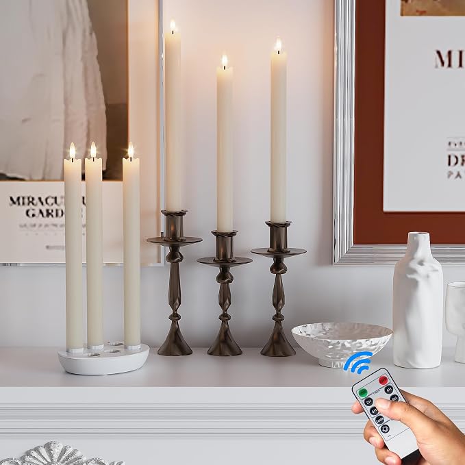 Rechargeable Flameless Taper Candles with Remote, Charging Base, 6 Pcs | 0.78x9.6" ivory wax LED tapers, 3D flicker, 2.5-hour USB-C charge, up to 160-hour runtime for Home Wedding Christmas Decor