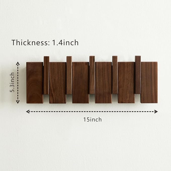 Wood Coat Rack Wall Mount - Large Walnut Piano Coat Rack wtih 5 Hooks for Hanging Clothes,Keys,Robes,Purse,Towels,Modern Decorative Wall hooks Heavy Duty Hanger Organizer for Bathroom/Bedroom/Entryway