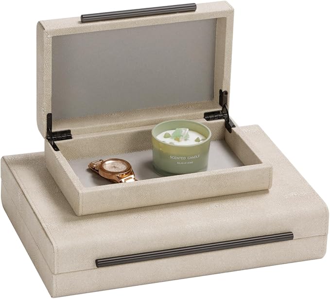Ivory Shagreen Decorative Boxes Set of 2-Modern Faux Leather Jewelry Orgazier, Engineered Wood Keepsake Boxes With Black Metal Handles for Home Decor Living Room Console Table, Gift (Ivory)