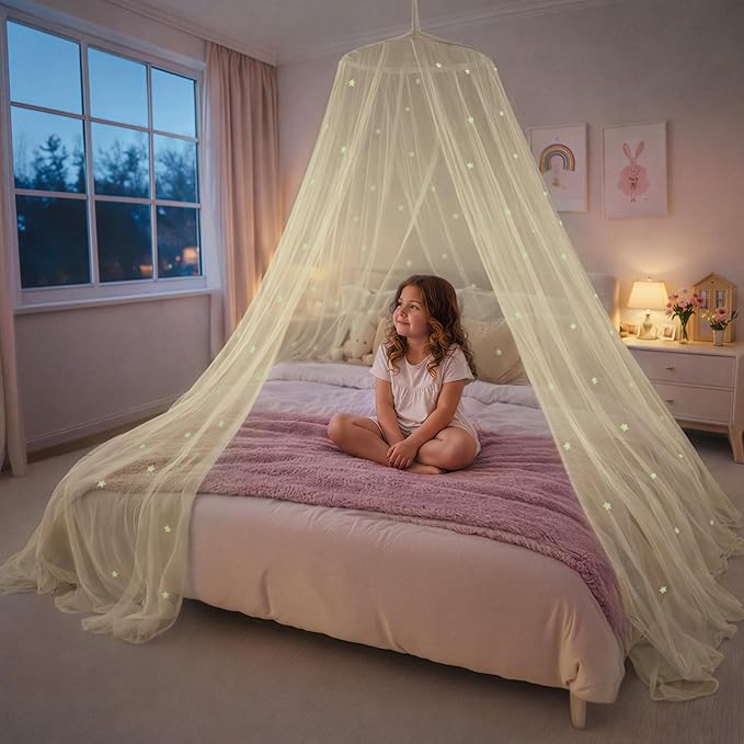 Bollepo Yellow Bed Canopy for Girls with Glowing Stars - Princess Yellow Baby Canopy for Bed, Netting Room Decor, Ceiling Tent, Canopy | Single, Twin, Full, Queen Size Kids Bed