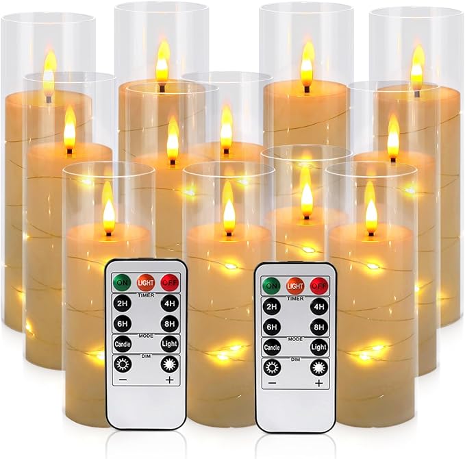 Pack of 12 Ivory Flickering Flameless Candles (D2.2 X H 5" 6" 7") Battery Operated with Remote, White LED Pillar Candles with Realistic Moving Wick for Halloween, Christmas, Home Decor & Wedding.