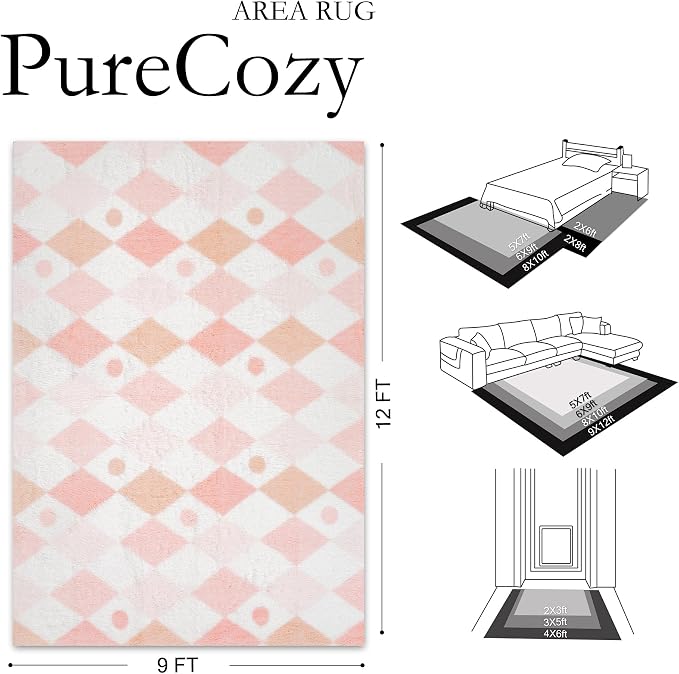 PureCozy Checkered Rug 9x12 Fluffy Shag Living Room Pink Area Rug Modern Washable Carpet Soft Shaggy Non Slip Indoor Plush Fuzzy Rugs for Bedroom Dorm Office Home Aesthetic Decor