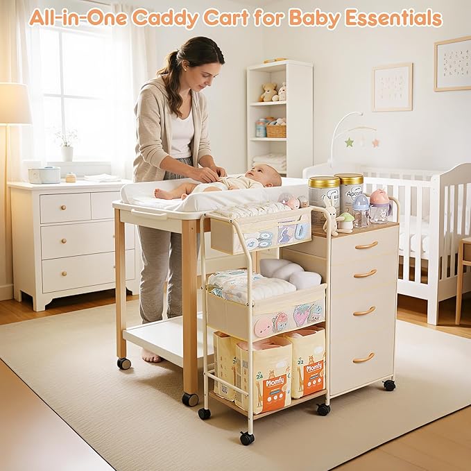 Fabuday Baby Diaper Caddy Organizer Cart - 4 Tier Rolling Diaper Cart with Wheels, Baby Essentials Organizers and Storage, Mobile Utility Carts for Bedside, Crib Nursury, Bedroom, Changing Table