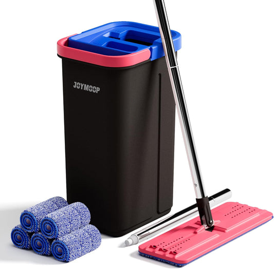 JOYMOOP Mop and Bucket Set for Home, Hands-Free Self-Cleaning System, with 5 Reusable Microfiber Mop Pads, Suitable for Floor Cleaning and Wall Cleaner - Black+Red+Slate Blue