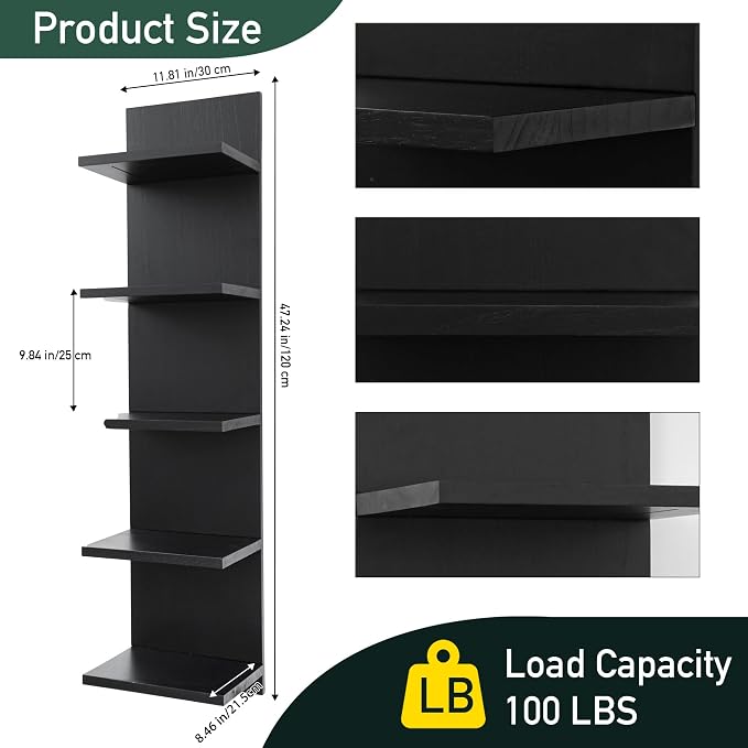 5 Tier Wall Shelf Unit,Vertical Column Shelf Floating Storage Home Decor Organizer,Display Floating Shelf for Bedroom, Living Room,Vanity -2 Pcs(Black)