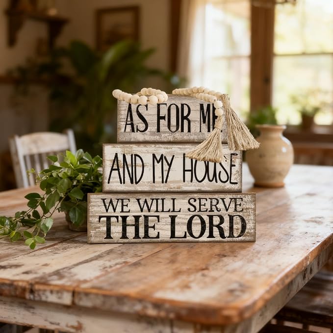 Yuntau 4 Pcs Farmhouse Bible Verse Decor Farmhouse Tiered Tray Decor Rustic Retro Wood Bead Garlands for Me and My House We Will Serve the Lord Block Christian Jesus Sign for Home Shelf Mantel