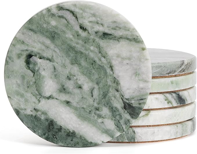 Sage Green Marble Coasters Set of 6, Elegant Green & White Coasters for Coffee Table, 4" Round Polished Soft Green Stone Coaster with Cloudy Veins – Heat Resistant, Non-Slip, Housewarming Gift