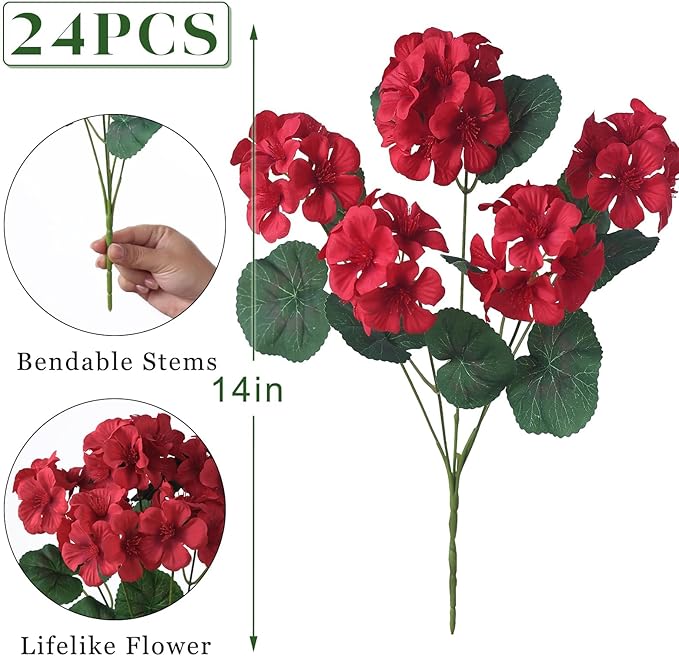GLIDLION 24 Bundles Artificial Geranium Flowers for Spring Summer Decor, UV-Resistant Fake Plants Realistic Faux Silk Bouquets for Front Door Farmhouse Garden Porch Home Outdoor Decor (Red)