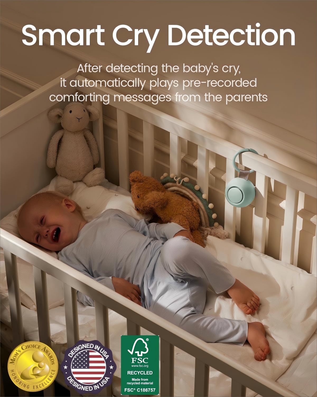 2025 Mom's Choice Awards, Portable Sound Machine for Baby Adult, AI Cry Detection, 18 Soothing Sound, Bluetooth Rechargeable White Noise Machine for Home Office Travel, Nursery Light, Green