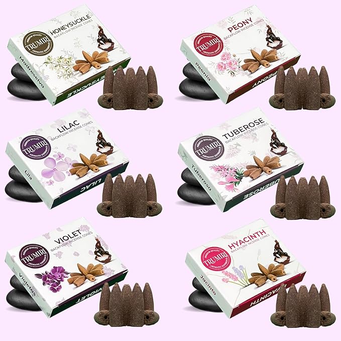 Blossom - Backflow Incense Cones for Waterfall - Scented Inscents-Cones - Peony, Lilac, Hyacinth, Tuberose, Honeysuckle, Violet - Insiensos Aromaticos - 6x10=60 Large Variety Pack