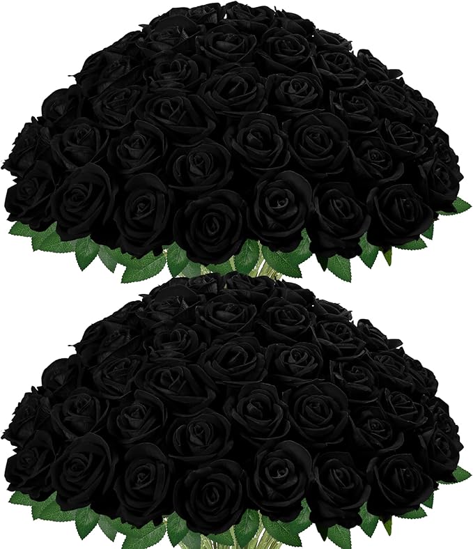InnoGear 50 Pcs Black Roses Artificial Flowers, Fake Velvet Silk Rose Bulk Faux Flower for Decoration DIY Wedding Centerpieces Proposal Bridal Bouquets Shower Party Home Floral Decor (50, Black)