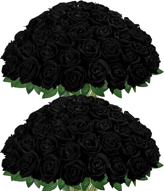 InnoGear 50 Pcs Black Roses Artificial Flowers, Fake Velvet Silk Rose Bulk Faux Flower for Decoration DIY Wedding Centerpieces Proposal Bridal Bouquets Shower Party Home Floral Decor (50, Black)