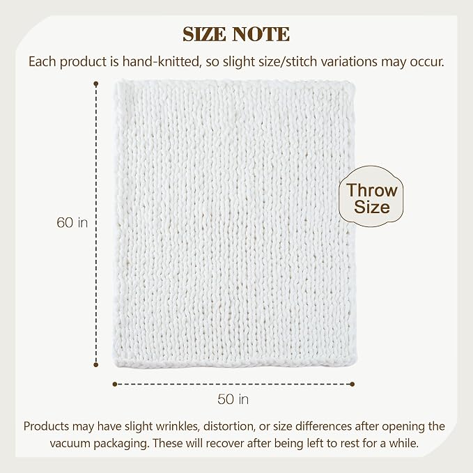 Carriediosa Chunky Knit Throw Blanket 50" X 60", 100% Hand Made Large Chenille Loop Yarn Soft Fluffy Throws for Couch Sofa Bed, Big Crochet Cozy Heavy Thick Cable Woven Blankets, Snow White