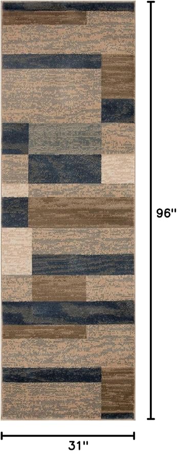 Superior Indoor Runner Rug, Jute Backed, Modern Geometric Patchwork Floor Decor for Bedroom, Office, Living Room, Entryway, Hardwood Floors, Rockwood Collection, 2' 7" x 8', Midnight Navy