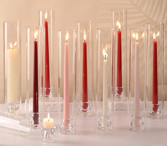Volens Hurricane Glass Candle Holders- Set of 12 Candlestick Holders for Taper Candles with Windproof Cylinder Covers 14" Tall Clear Glass Chimney Cover for Wedding Table Centerpiece Fall Home Decor