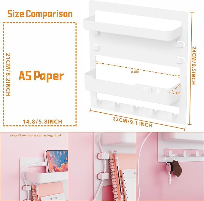 Yieach Bedside Wall Organizer for Dorm Bed,Rv,Small Room and Nightstand,Wall Mounted Floating Shelves and Bedside Shelf for Remote,Phone Holder,Charging Shelf,Cute Bedroom Decor for College Girl,White