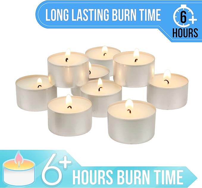 Stonebriar Unscented Long Burning White Tealight Candles, Bulk Pack, 6-7 Hour Burn Time, Smokeless Tealights for Parties, Weddings, Home, 50 Count