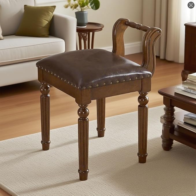 Leather Ottoman Vanity Stool,Brown Chair for Makeup Room,Upholstered Fabric Vanity Bench Seat for Bedroom Living Room Dining Room Makeup Chair Piano (Walnut, 23×17×15)