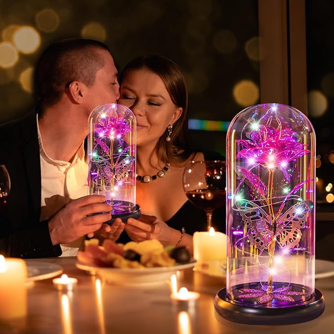 Mothers Day Flowers Gifts for Mom Women Birthday Gift, Galaxy Glass Rose Forever Eternal Crystal Flowers Rose in Glass Dome with Butterfly Mother's Day Roses Gifts for Mom Daughter Wife Grandma Pink