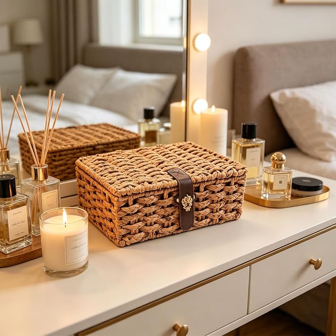 Set of 2 Water Hyacinth Wicker Storage Baskets with Lid | Rectangular woven decorative bins for shelf desktop home organization decor