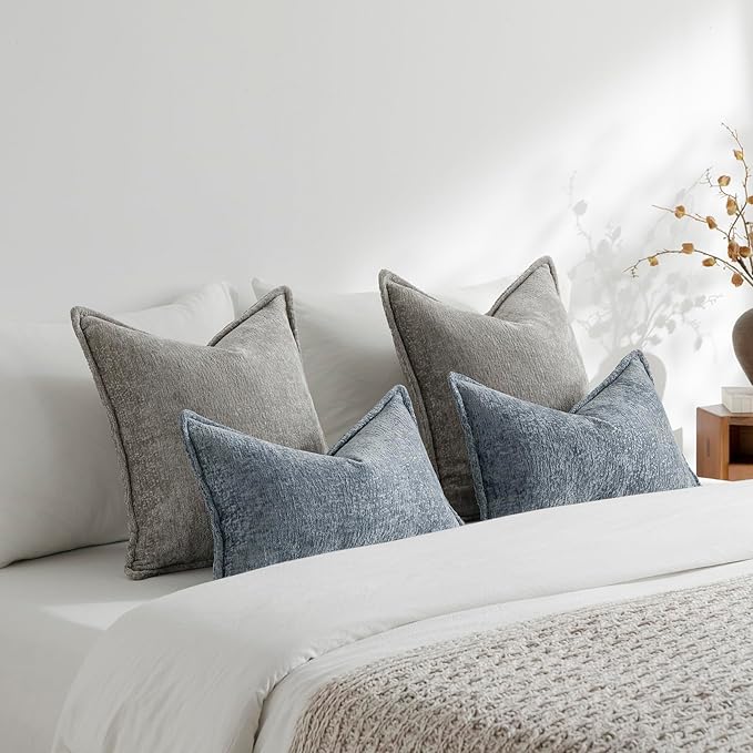DEZENE Pack of 2 Light Gray Decorative Throw Pillow Covers 24x24 Cozy Soft Chenille Accent Vintage Square Couch Pillow Covers for Home Decor Bed Sofa Living Room
