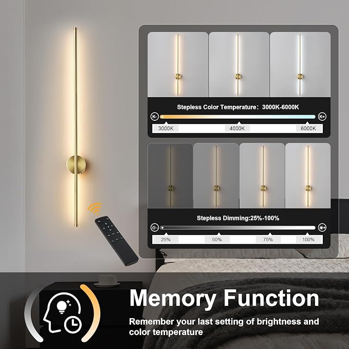 Battery Operated Modern Wall Sconces Set of Two,Rechargeable Wireless Wall Lights with Remote Control,Dimmable,3CCT,Timer,360°Rotation,Cordless Lighting for Bedroom,Living Room,Hallway,Brass,39.3 Inch